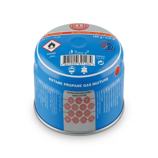 Blue butane-propane gas cartridge 190g on white background