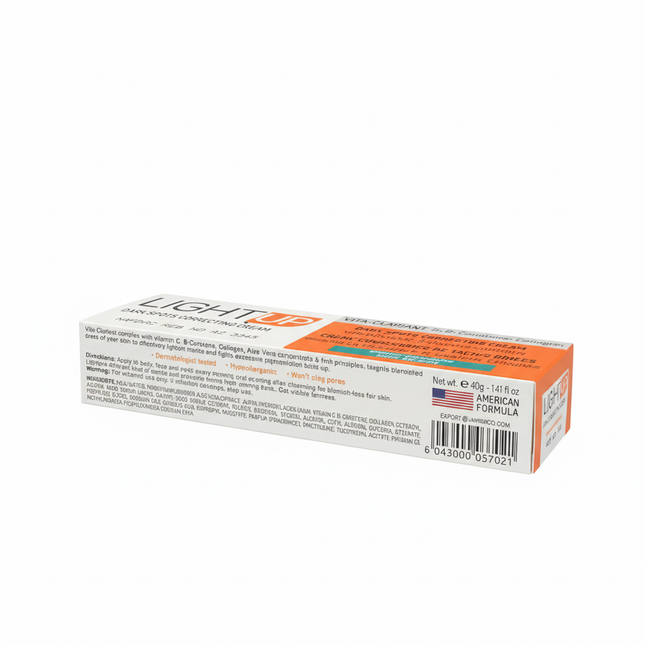 LIGHT UP Dark Spots Correcting Cream box showing ingredients and product information