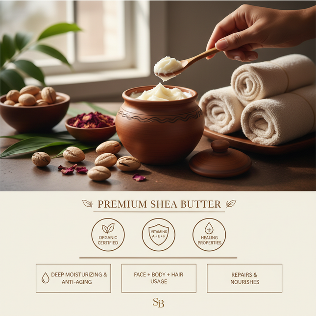 Premium shea butter lifestyle and benefits - Hybrid creative infographic
