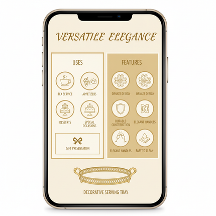 Serving tray uses infographic - tea service, appetizers, desserts, gifts