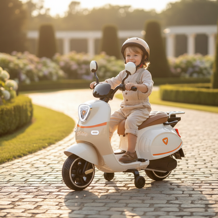 Child riding cream Vespa electric scooter