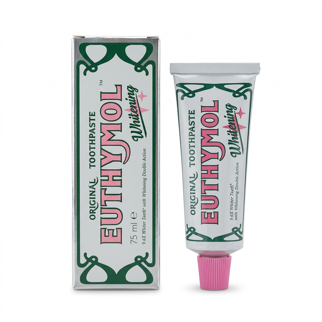 Euthymol Whitening Toothpaste 75ml silver tube with pink cap and matching carton on white