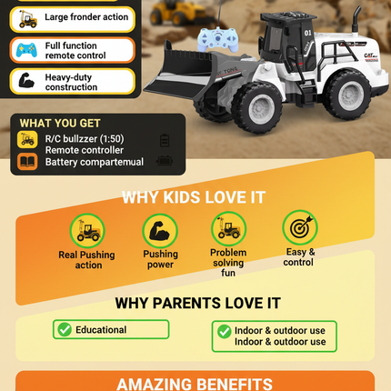 R/C Engineering Bulldozer Benefits Infographic