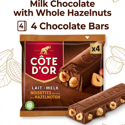 Côte d’Or milk chocolate four-bar multipack with 23% whole hazelnuts