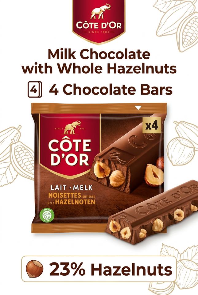 Côte d’Or milk chocolate four-bar multipack with 23% whole hazelnuts