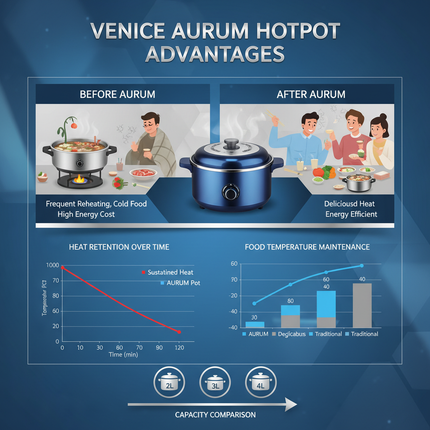 Venice AURUM hotpot comparison infographic showing heat retention benefits