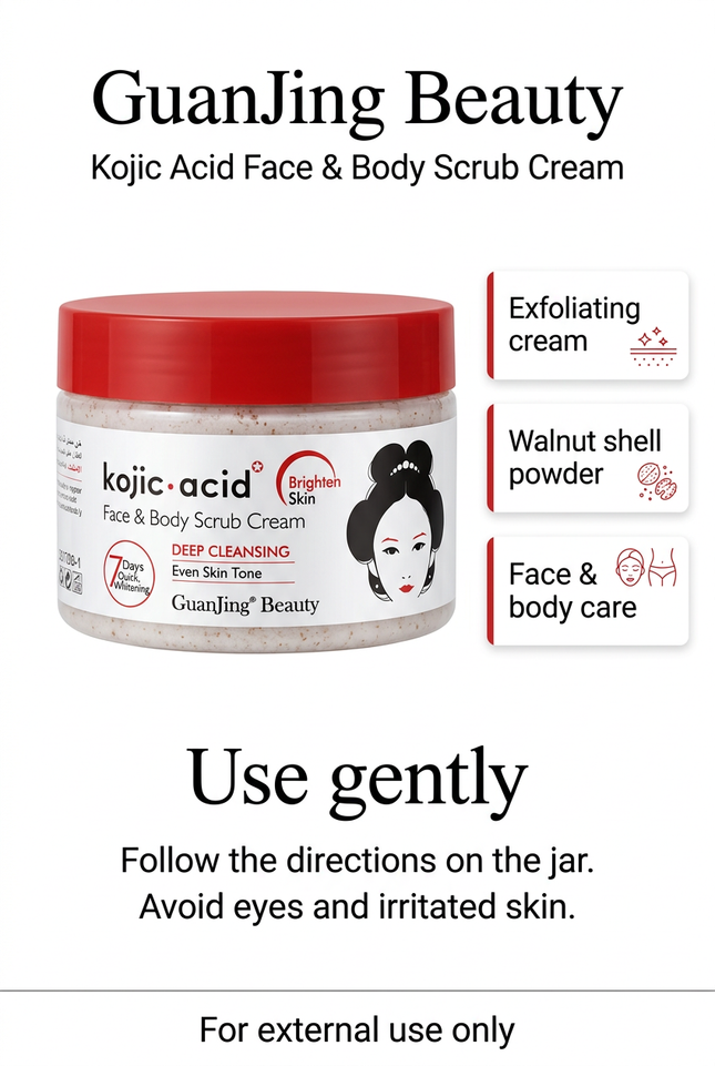 GuanJing Kojic Acid scrub formula highlights and gentle use reminders