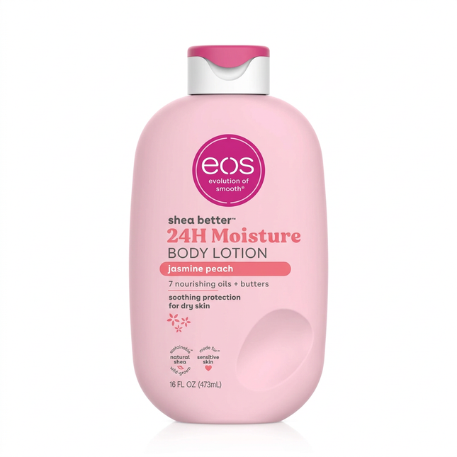 eos Shea Better Jasmine Peach body lotion 473ml front on white background