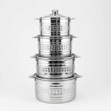 AlMarjan Rodha Collection 4-piece stainless steel hotpot set with decorative engraved pattern stacked