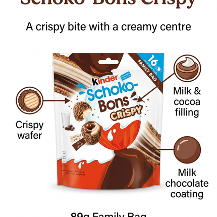 Kinder Schoko-Bons Crispy infographic with filling and 16-piece bag details