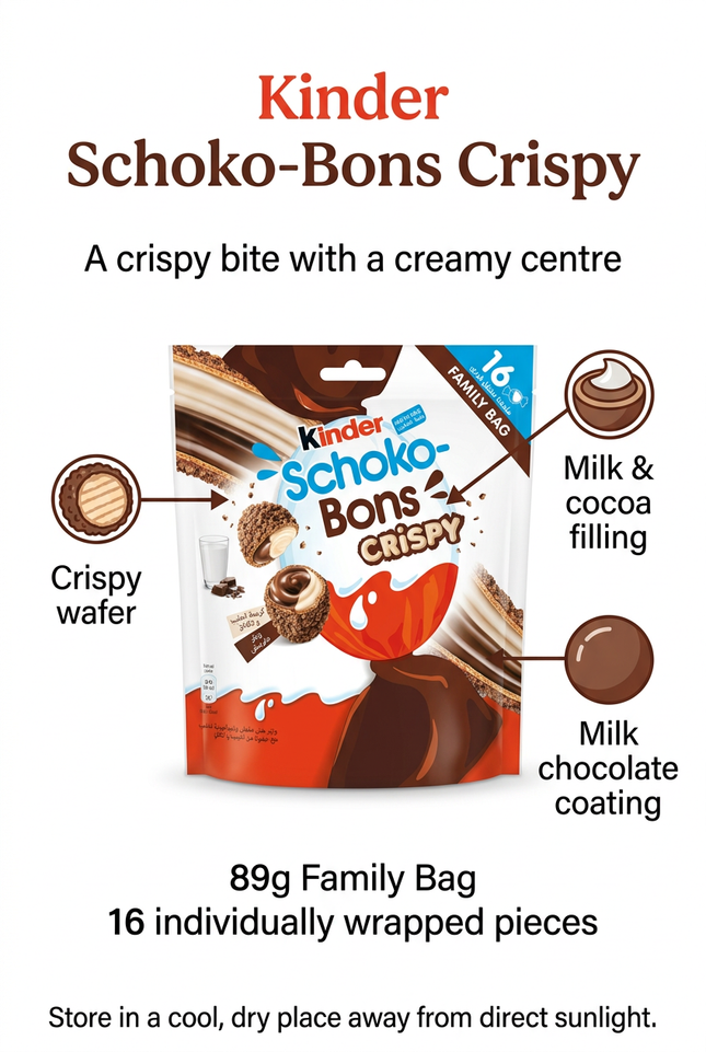 Kinder Schoko-Bons Crispy infographic with filling and 16-piece bag details