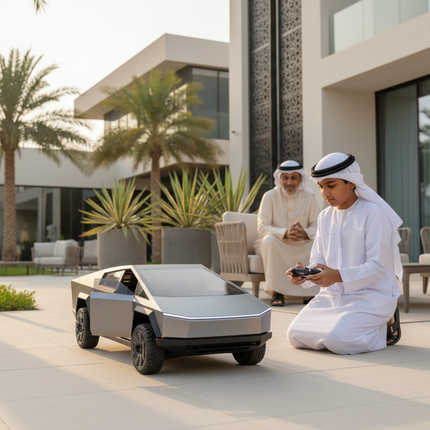 Qatari Boy and Grandfather with Tesla Cybertruck R/C Car