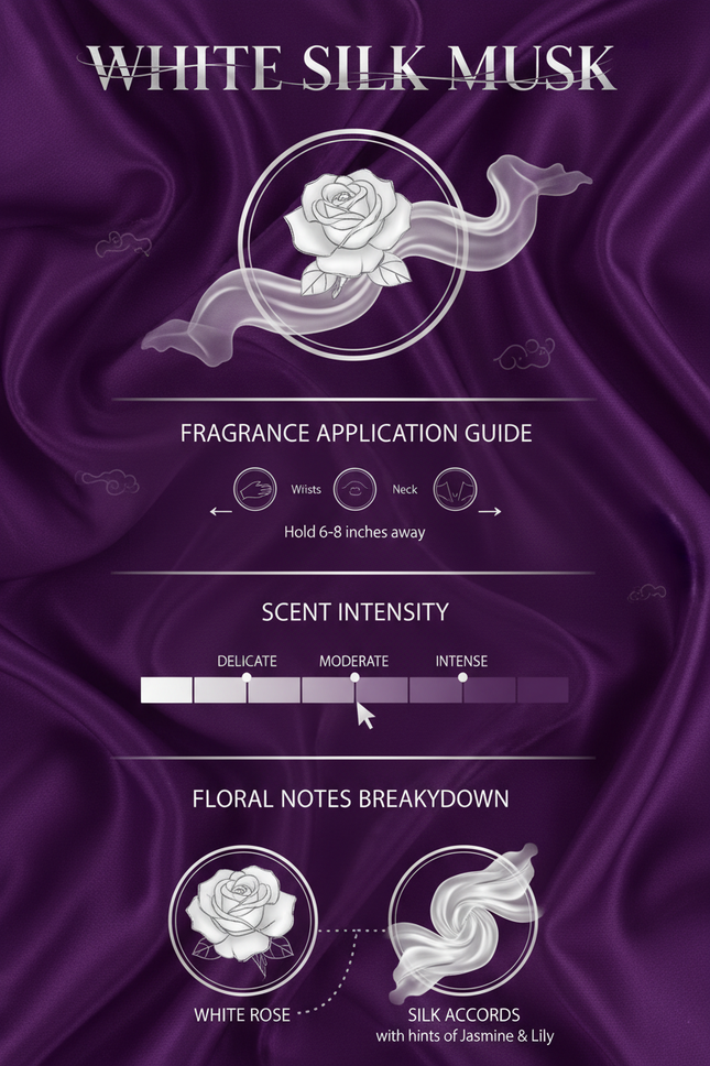 White Silk Musk fragrance notes and silk texture visualization