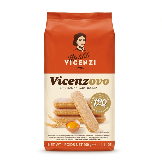 Matilde Vicenzi Vicenzovo 400g ladyfinger biscuits on white background