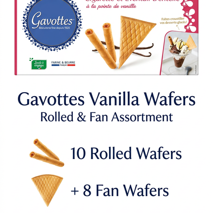 Gavottes vanilla assortment of 10 rolled wafers and 8 fan wafers for desserts