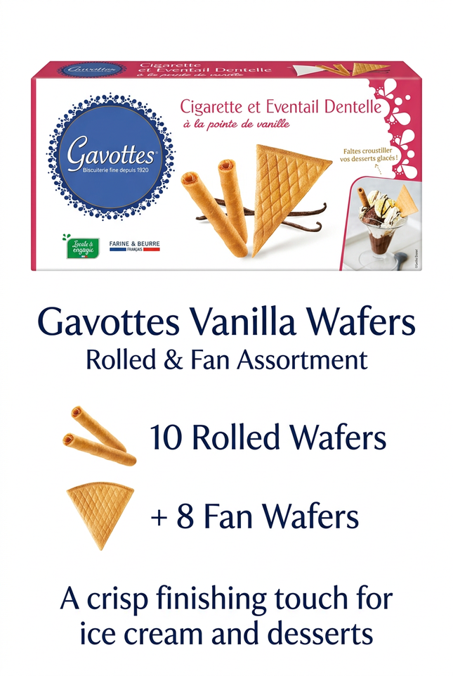 Gavottes vanilla assortment of 10 rolled wafers and 8 fan wafers for desserts