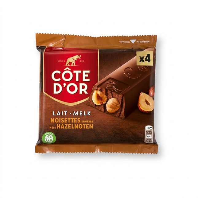 Côte d’Or milk chocolate with whole hazelnuts 180g four-bar pack on white background