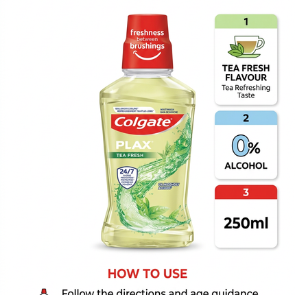 Colgate Plax Tea Fresh 250ml features and usage information