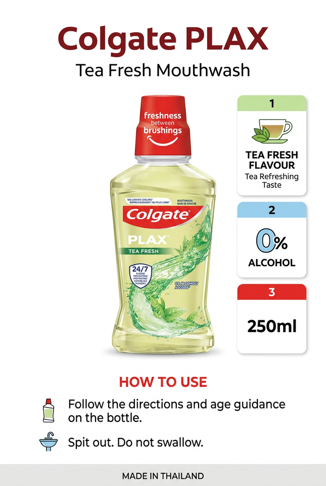 Colgate Plax Tea Fresh 250ml features and usage information