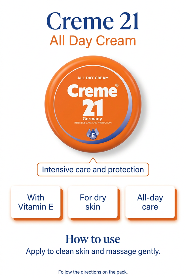 Creme 21 All Day Cream vitamin E dry skin care and usage information