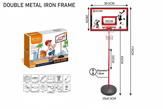 Double metal iron frame basketball hoop with dimensions and accessories