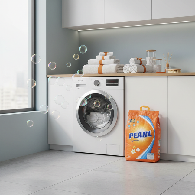 Pearl detergent in luxury laundry room with fresh towels
