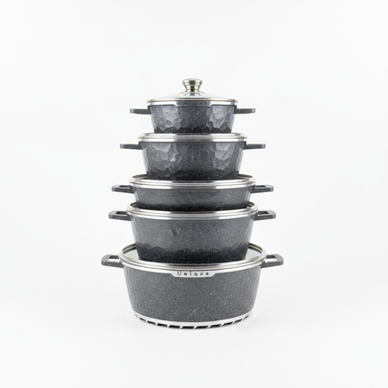 Unique granite cookware set - 5 pieces stacked with glass lids