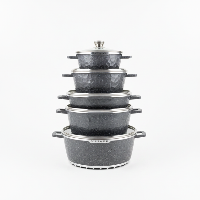 Unique granite cookware set - 5 pieces stacked with glass lids