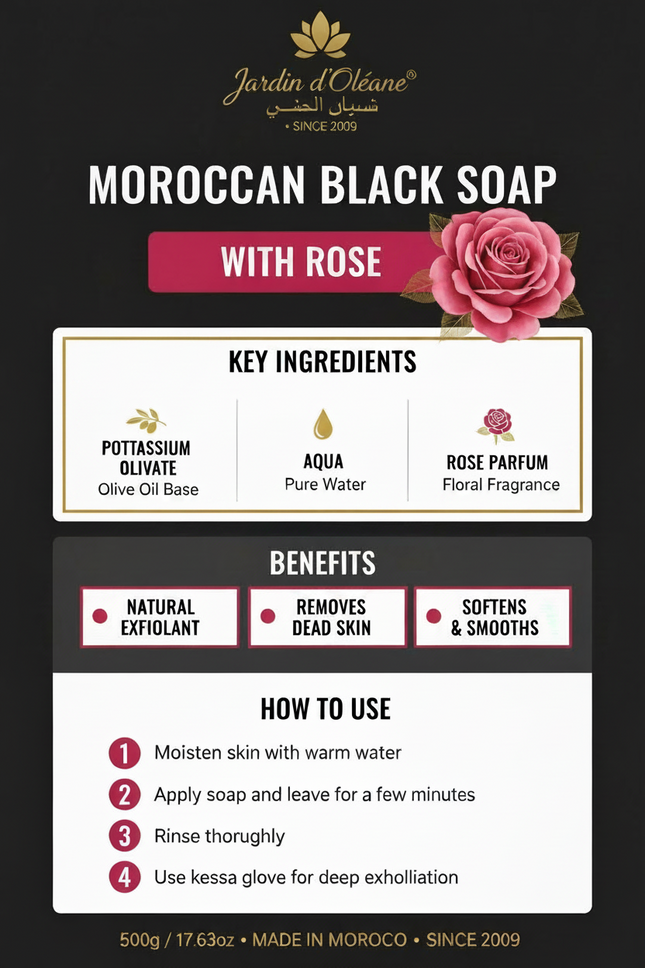 Jardin d'Oléane Moroccan Black Soap With Rose branded infographic
