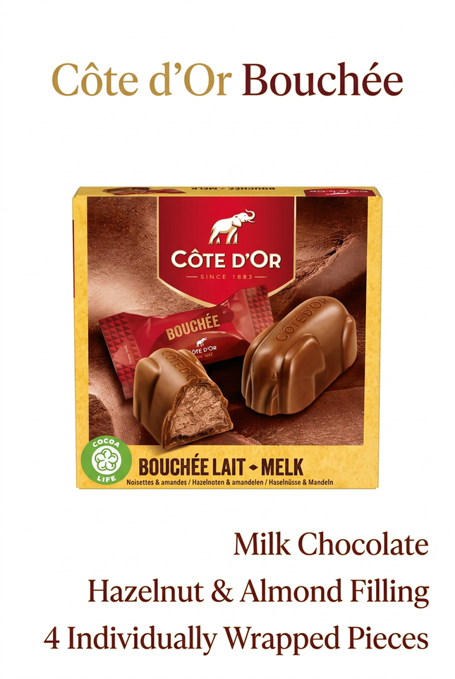 Côte d’Or Bouchée milk chocolate with hazelnut and almond filling, four individually wrapped pieces