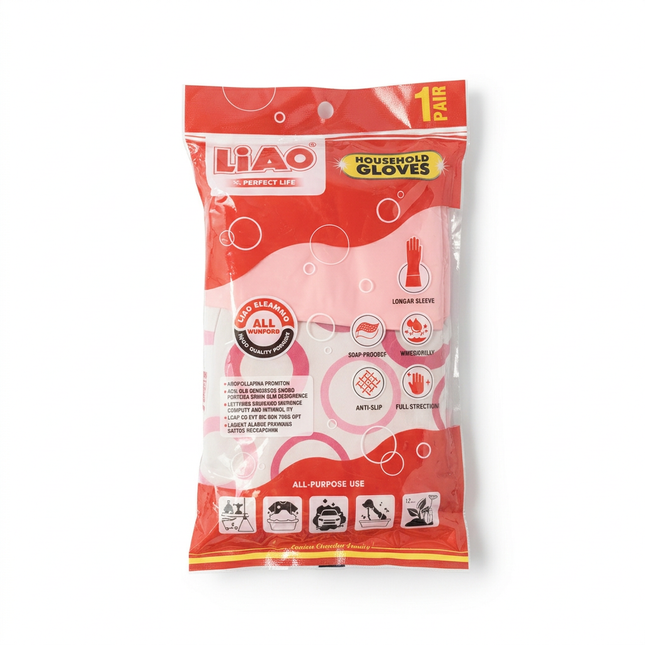 Pink LIAO household cleaning gloves in original packaging