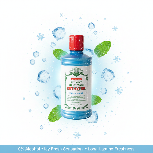 Euthymol Icy Mint Mouthwash with ice crystals and mint leaves