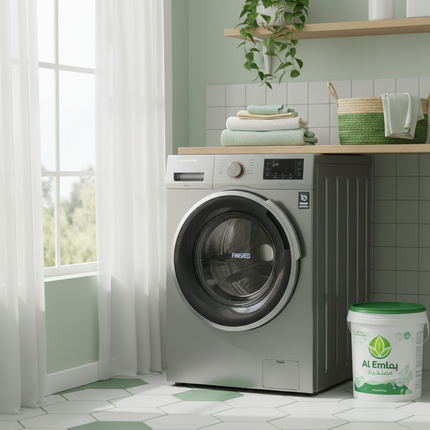 Al Emlaq detergent with automatic washing machine in modern laundry room