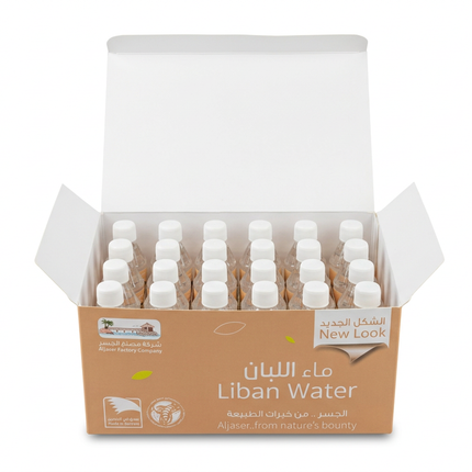Open Aljaser Liban Water pack showing 24 mini bottles