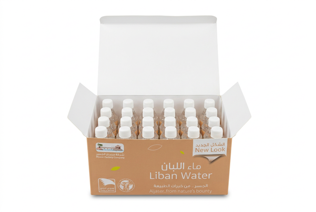Open Aljaser Liban Water pack showing 24 mini bottles