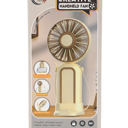 Creative handheld fan retail packaging on white background