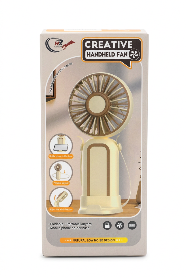 Creative handheld fan retail packaging on white background