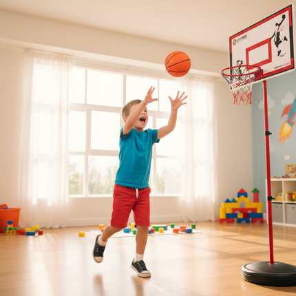 Child playing with Slam Dunk basketball set