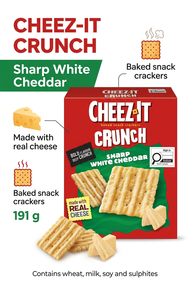 Cheez-It Crunch Sharp White Cheddar 191 g product information and allergen infographic
