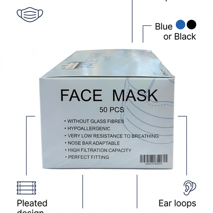 Disposable face masks 50 pcs Blue or Black features guide