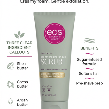 eos Cashmere Pre-Shave Scrub butter complex and features