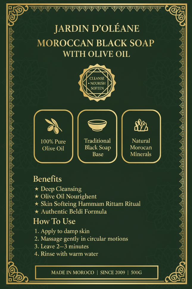 Jardin d'Oléane Moroccan Black Soap Olive Oil branded infographic