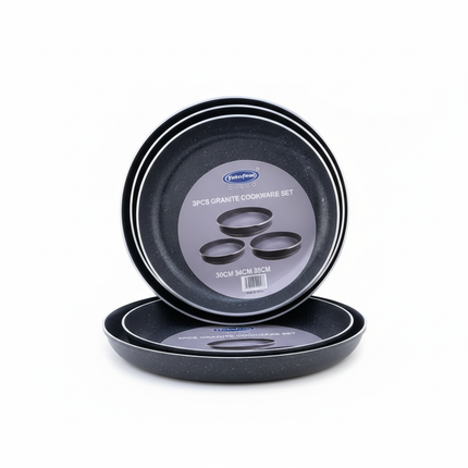 Fatafeat 3-piece forged round tray set with granite coating stacked