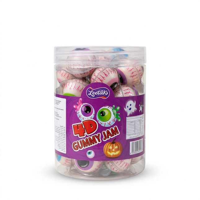 Leetak 4D Gummy Jam purple tub of eyeball candies on white background