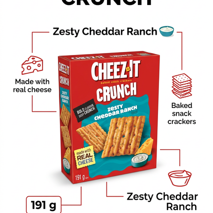 Cheez-It Crunch Zesty Cheddar Ranch 191 g product information infographic