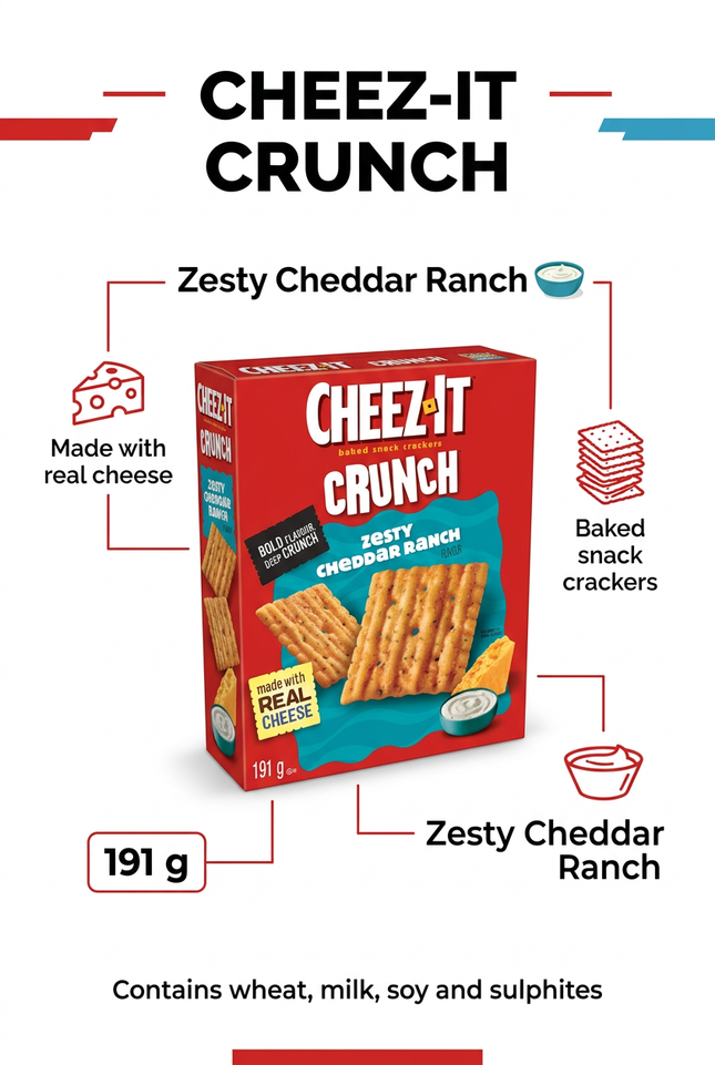 Cheez-It Crunch Zesty Cheddar Ranch 191 g product information infographic
