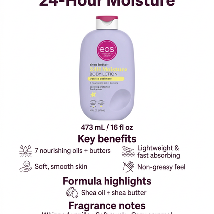 eos Vanilla Cashmere lotion key benefits, formula highlights, fragrance notes and directions