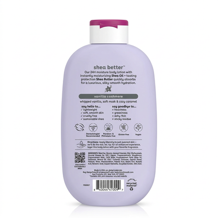 eos Vanilla Cashmere body lotion back label on white background