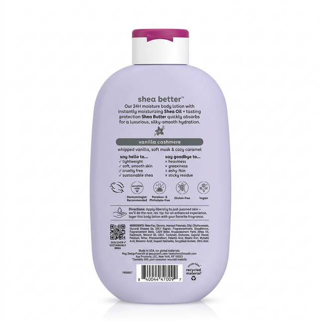 eos Vanilla Cashmere body lotion back label on white background