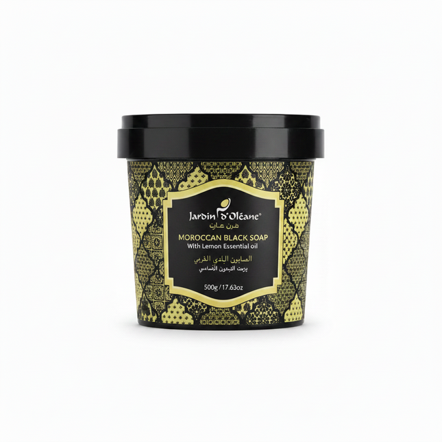 Jardin d'Oléane Moroccan Black Soap Lemon Essential Oil 500g clean white background